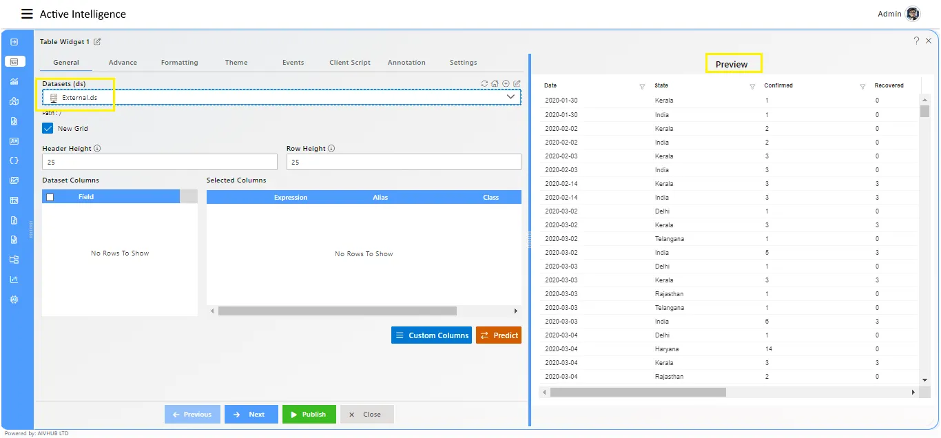 Table widget with external dataset