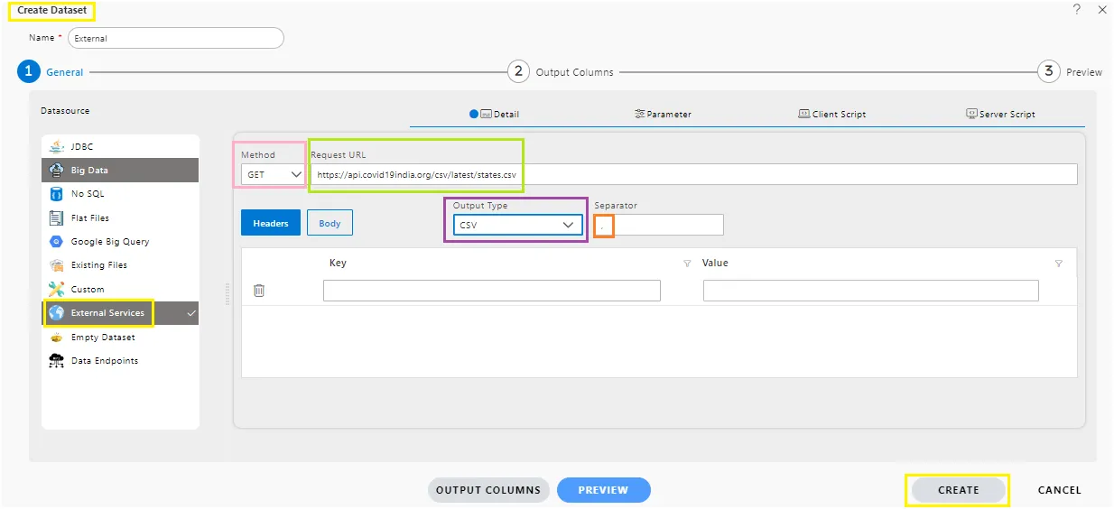 External dataset configuration