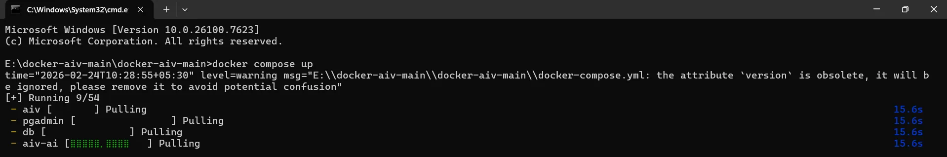 Terminal showing docker compose up command
