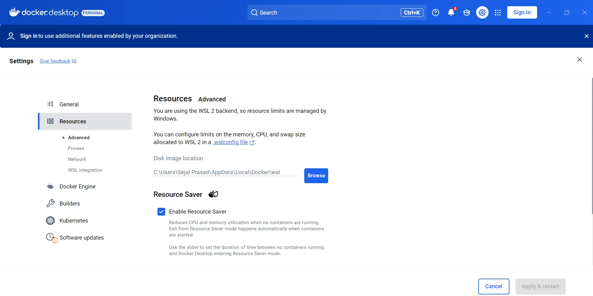 Docker Resources showing WSL configuration file path