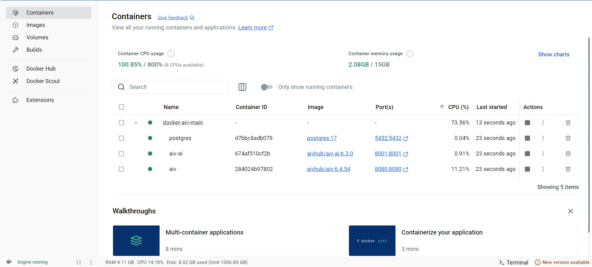 Docker Desktop Resources showing 16GB memory allocation